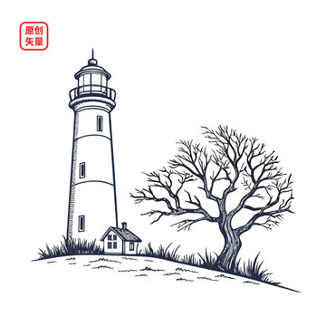 矢量插圖建筑簡約線條燈塔