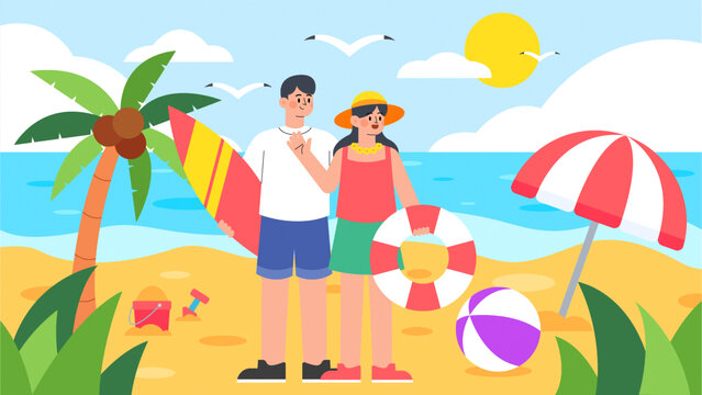 夏季旅游海邊沙灘情侶度假