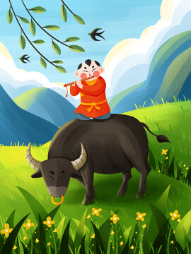 清明節(jié)牧童吹笛子放牛