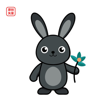 矢量插圖動物簡約拿花朵小兔子
