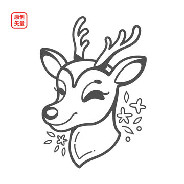 矢量插圖動物簡約線條開心小鹿頭像