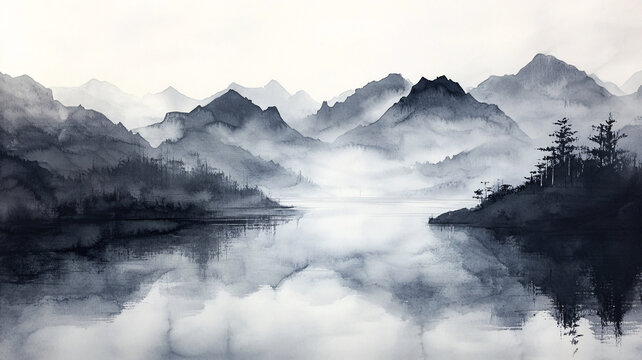 煙墨意境山水水彩畫(huà)