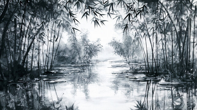 竹林油畫