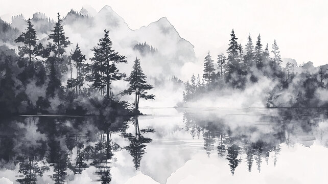 水墨山水倒影禪境