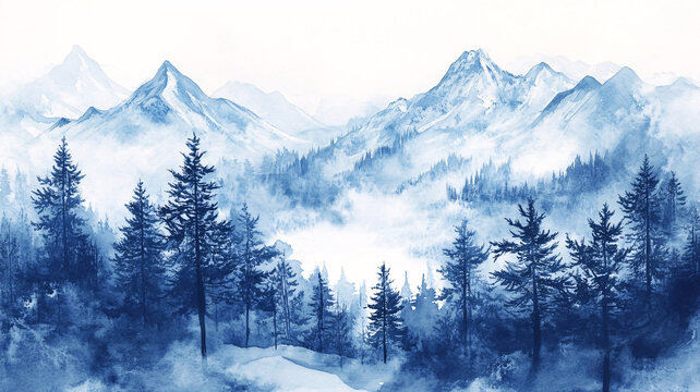雪山水彩畫