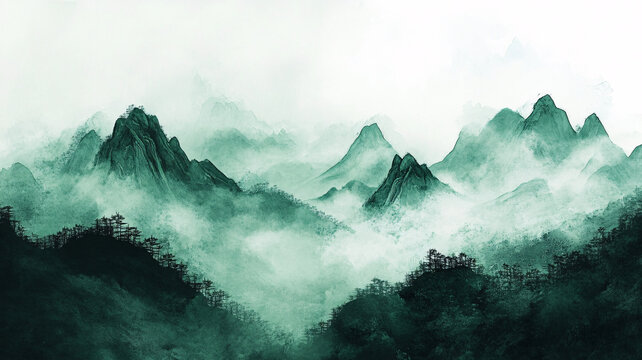 煙墨意境山水水彩畫