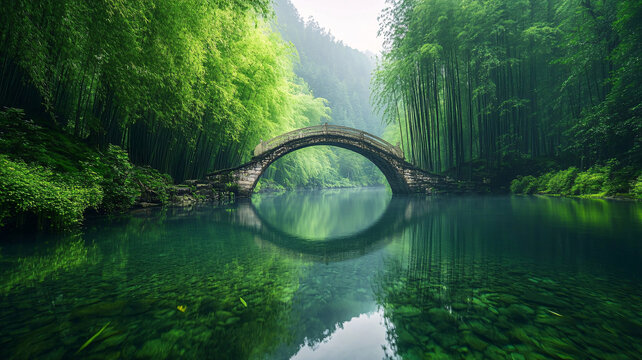 古橋竹林山水
