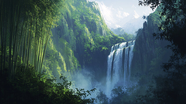 春天竹林瀑布晨曦唯美