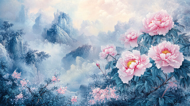 山水畫風(fēng)景畫花開富貴