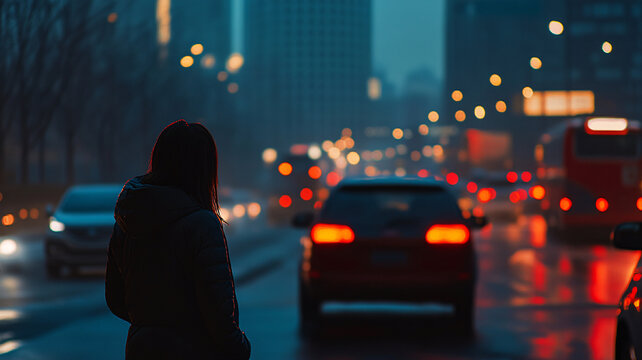 夜雨趕路的女人