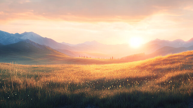 山地丘陵草場夕陽
