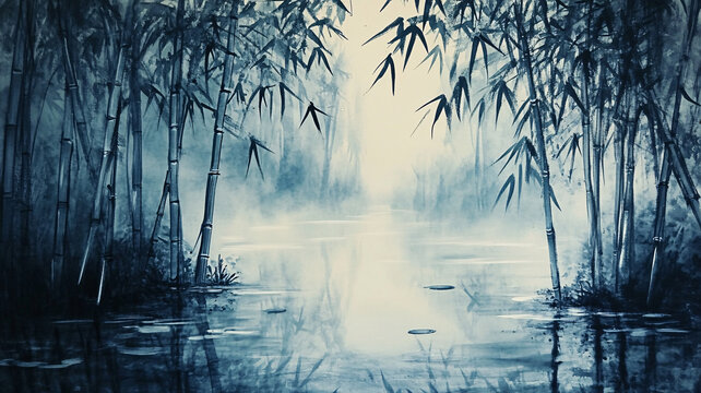 竹林油畫