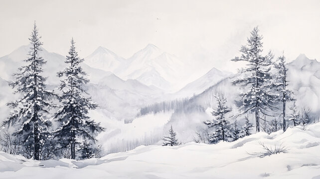 雪山水粉畫