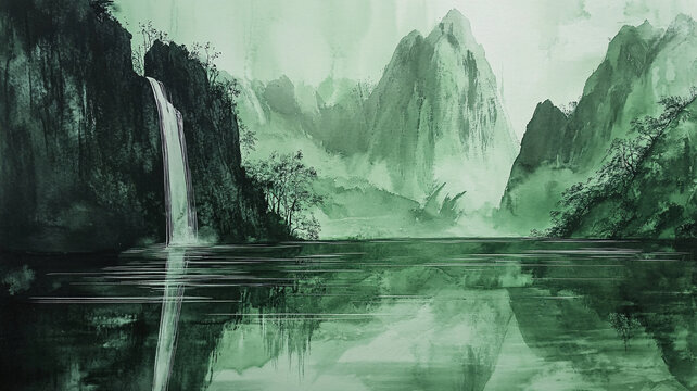 綠色清爽山水畫