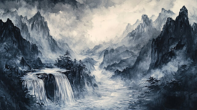 山水風(fēng)景油畫瀑布