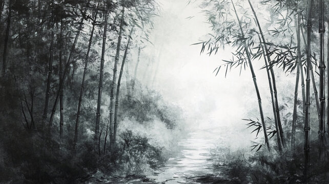 竹林油畫