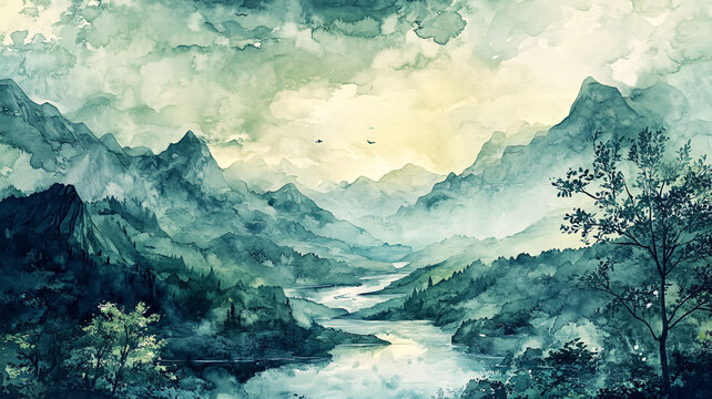 山水風(fēng)光禪意水彩畫