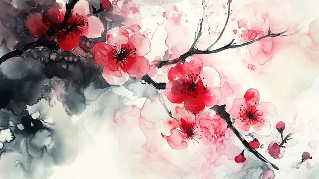 水墨水彩桃花無框畫