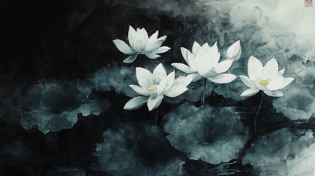 冷色調(diào)荷花圖