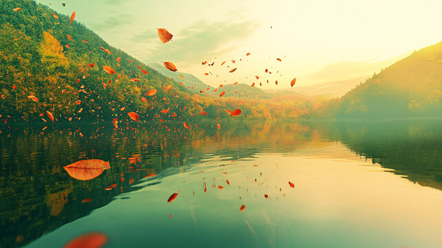 金秋湖水紅葉