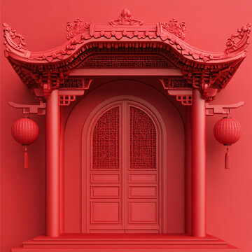 中式紅色大門圓拱門