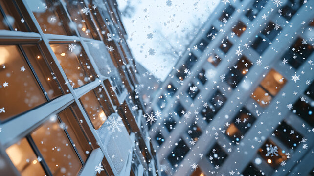 雪花飄落在窗外