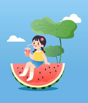 喝西瓜汁的小女孩