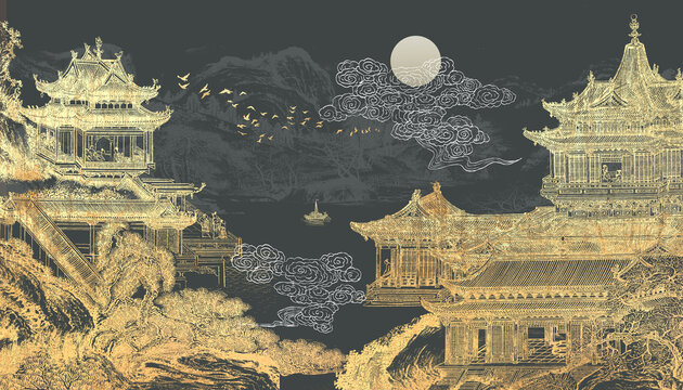 中式金線山水樓閣刺繡背景