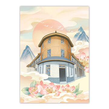 大理地標(biāo)建筑喜洲古鎮(zhèn)轉(zhuǎn)角樓插畫(huà)