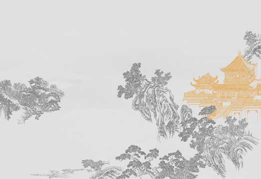 國(guó)畫線描描金山水壁畫背景