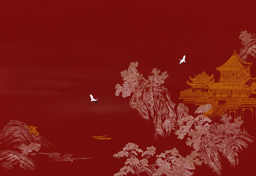 描金線描描金山水壁畫背景