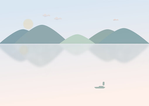 古風(fēng)遠(yuǎn)山朦朧小船孤影矢量背景海報