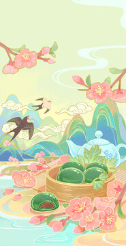 清明青團(tuán)國潮插畫