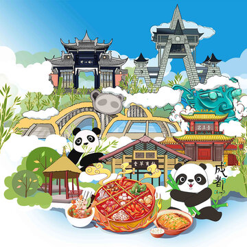 成都地標(biāo)旅游手繪