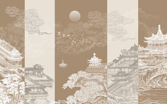 中式輕奢樓閣山水畫背景