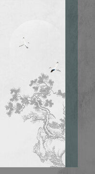 工筆框畫線描松鶴圖瑞鶴玄關畫