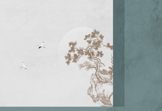 工筆線描松鶴圖瑞鶴圖背景壁畫(huà)