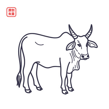 矢量插圖簡約線條印度牛