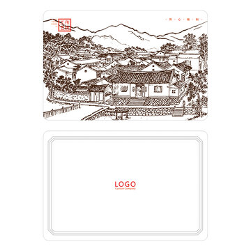 茶葉罐標(biāo)封面設(shè)計(jì)包裝古村落底紋矢量模板