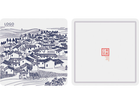 茶葉罐標(biāo)封面設(shè)計(jì)模板古村落茶鄉(xiāng)底紋矢量