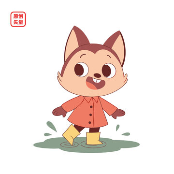 矢量插圖動物卡通踩水小狐貍