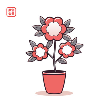 矢量插圖植物卡通盆栽紅花