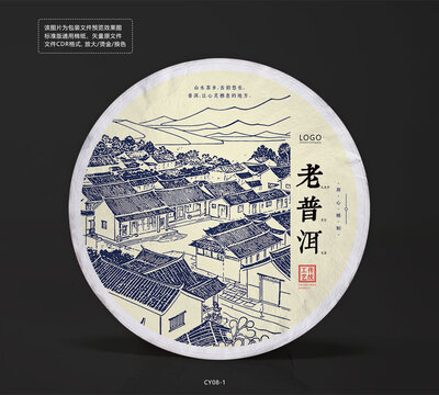 普洱市古建筑線稿底紋茶餅棉紙設計模版素材