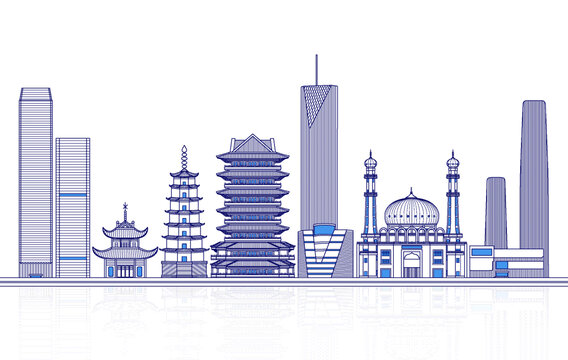 中國城市蘭州天際線矢量地標建筑插畫