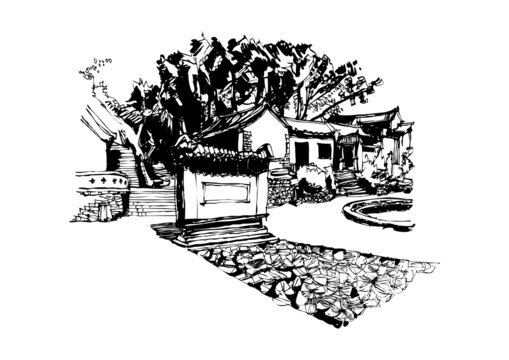 古北水鎮(zhèn)龍鳳池建筑手繪鋼筆畫