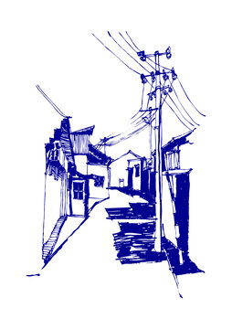 北京石頭胡同兩廣路老街建筑手繪鋼筆畫線稿