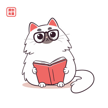 矢量插圖動物簡約看書小貓