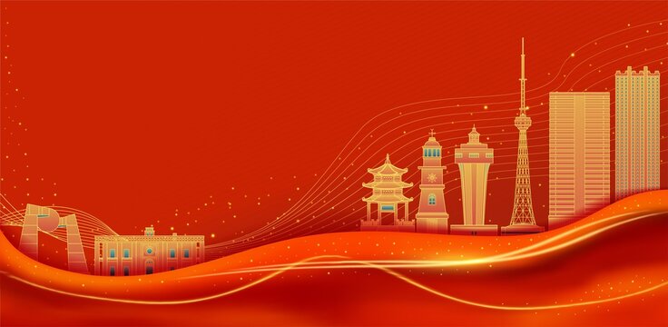 中國城市汕頭建筑紅色慶典背景