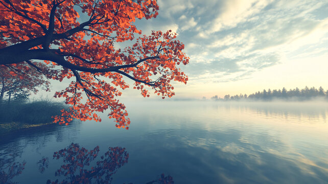 紅楓早晨風光