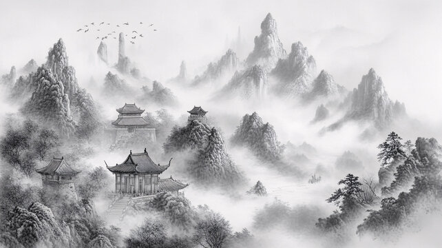 樓閣山水意境畫